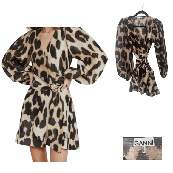 Ganni Dresses & Skirts - GANNI Leopard Print Silk Linen Mini Wrap Dress